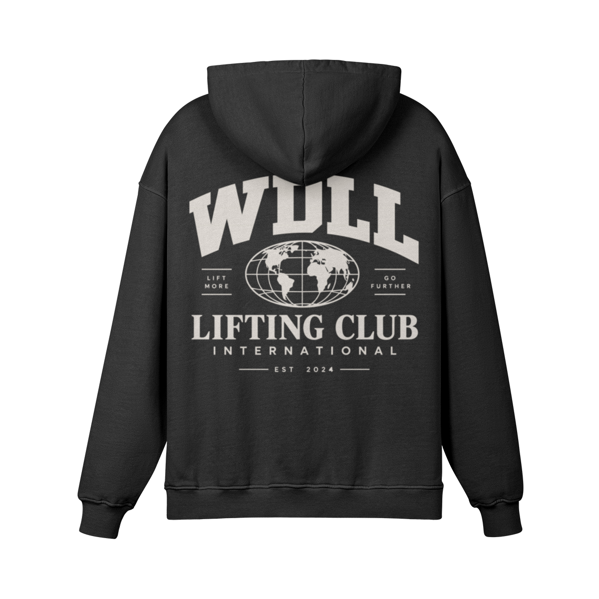 Hoodie oversize WDLL Lifting Club International noir délavé – dos, imprimé globe Lift More Go Further