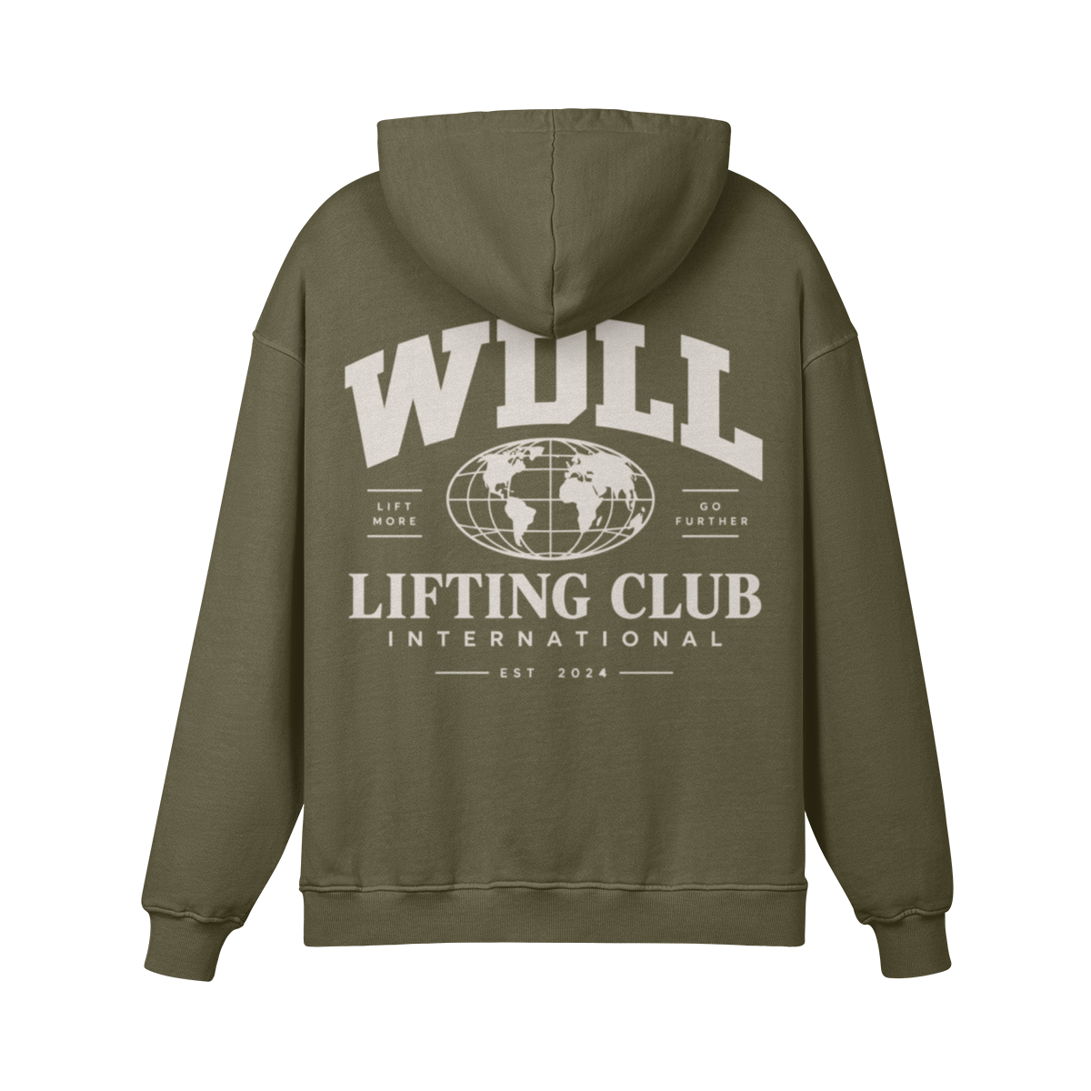 Hoodie oversize WDLL Lifting Club International vert olive – dos, imprimé globe Lift More Go Further