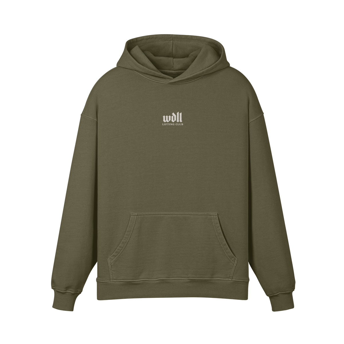 Hoodie oversize WDLL Relentless vert olive – face, petit logo wdll poitrine