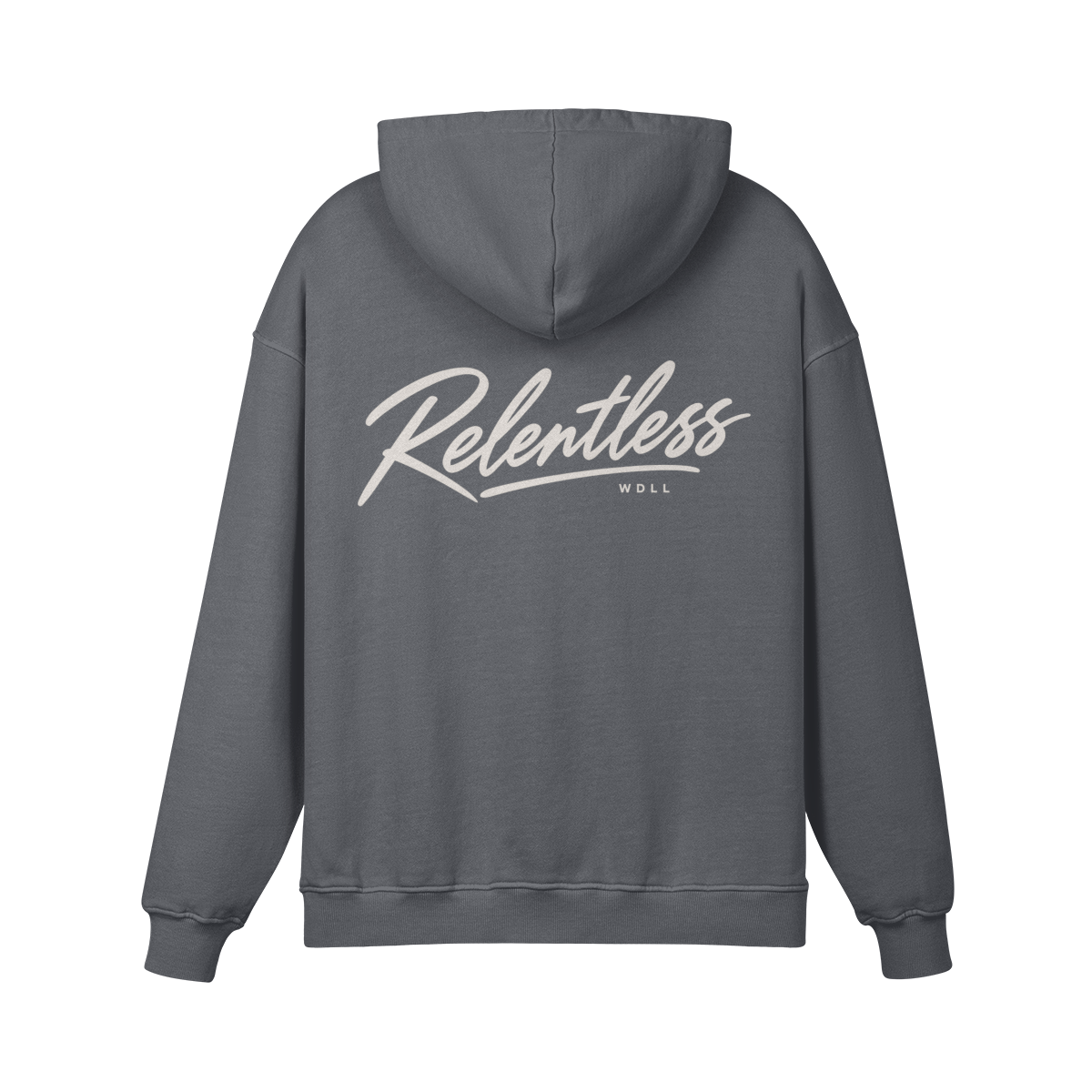 Hoodie oversize WDLL Relentless gris carbone – dos, lettrage script Relentless