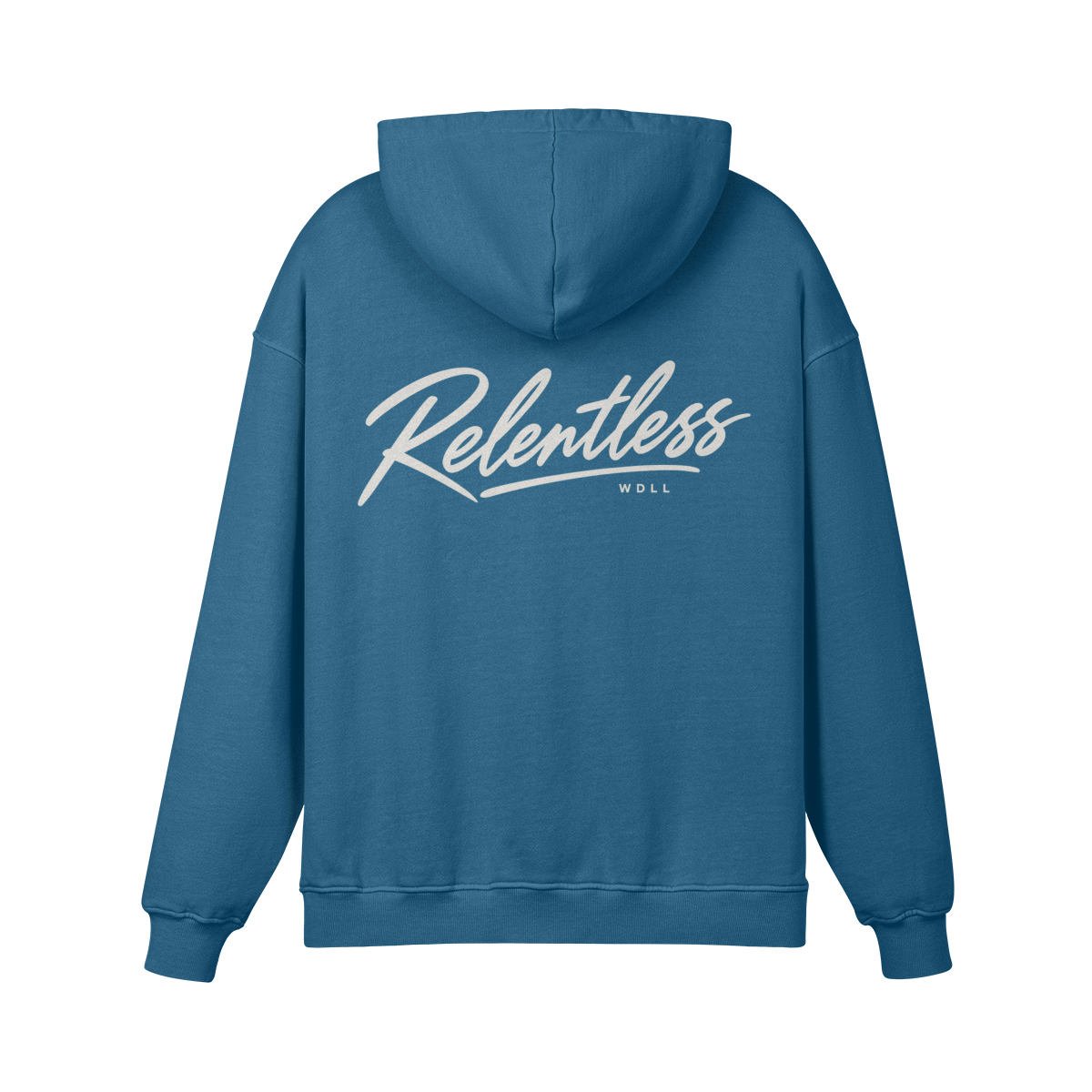 Hoodie oversize WDLL Relentless bleu Kashmir – dos, lettrage script Relentless