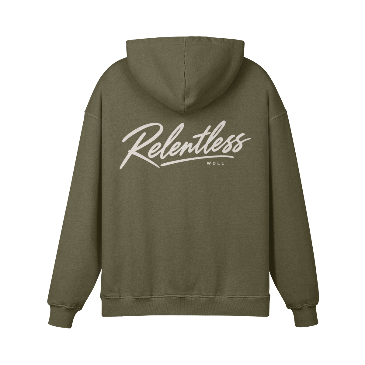 Hoodie oversize WDLL Relentless vert olive – dos, lettrage script Relentless