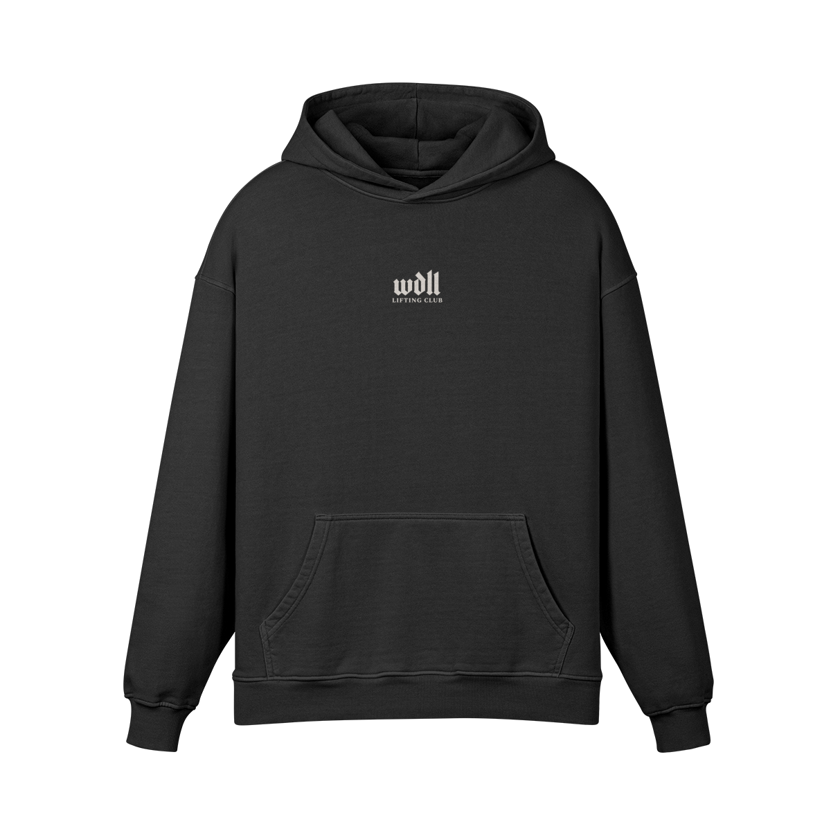 Hoodie oversize WDLL Lift Improve Belong noir délavé – face, petit logo wdll poitrine