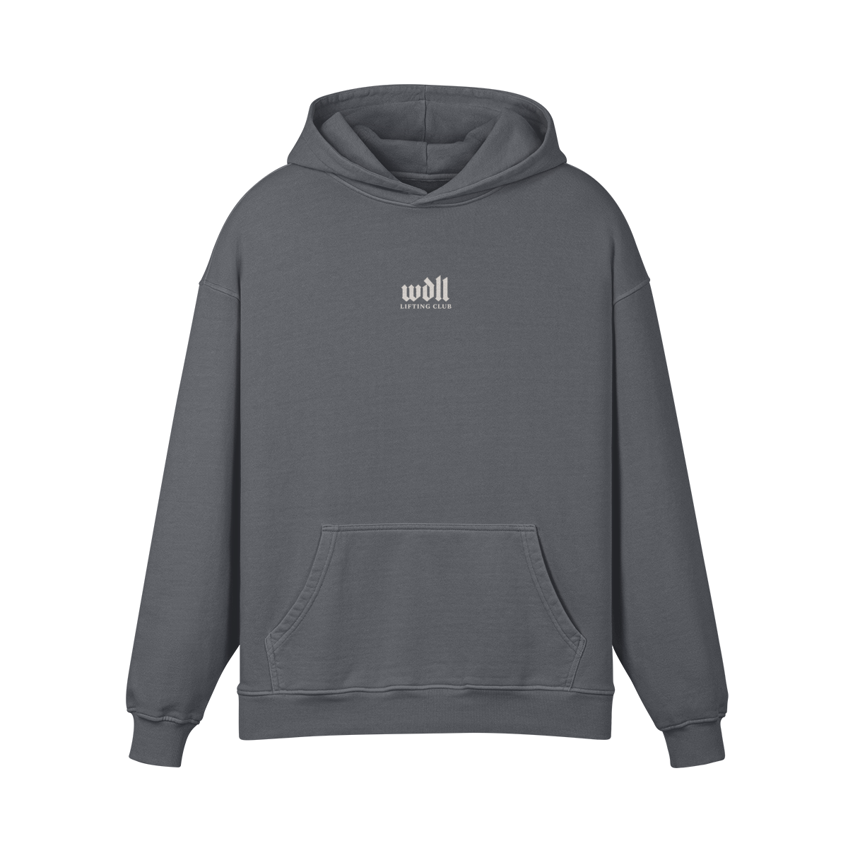 Hoodie oversize WDLL Lift Improve Belong gris carbone – face, petit logo wdll poitrine