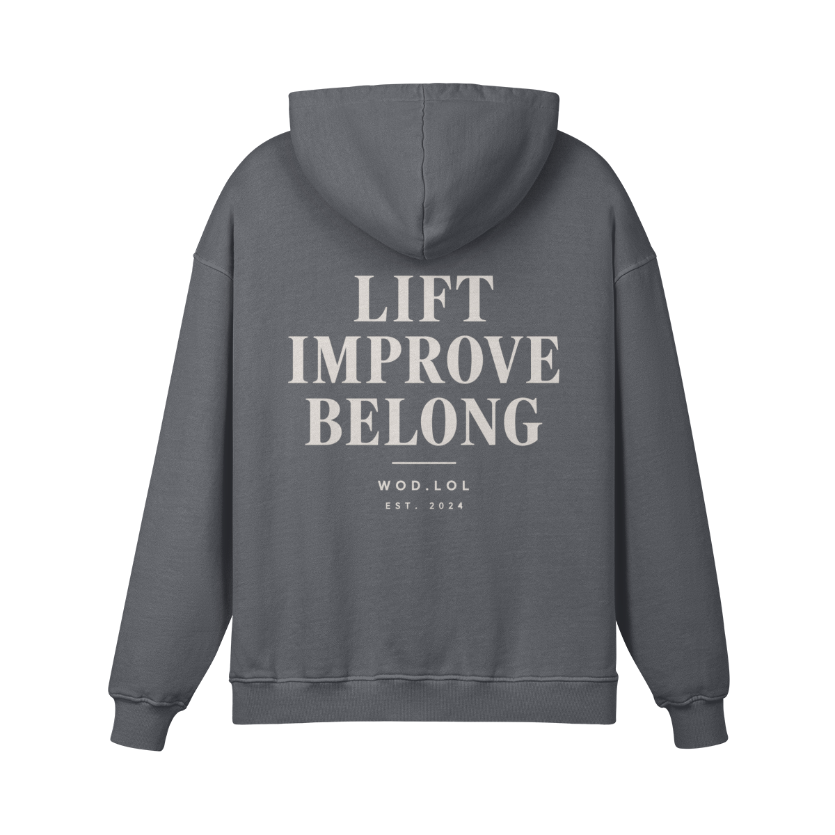 Hoodie oversize WDLL Lift Improve Belong gris carbone – dos, imprimé Lift Improve Belong
