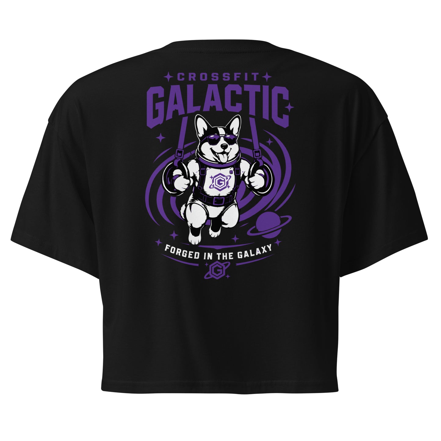 Crop top crossfit femme Doug noir, dos avec le corgi astronaute CrossFit Galactic (Tosse, Landes) — WOD.LOL
