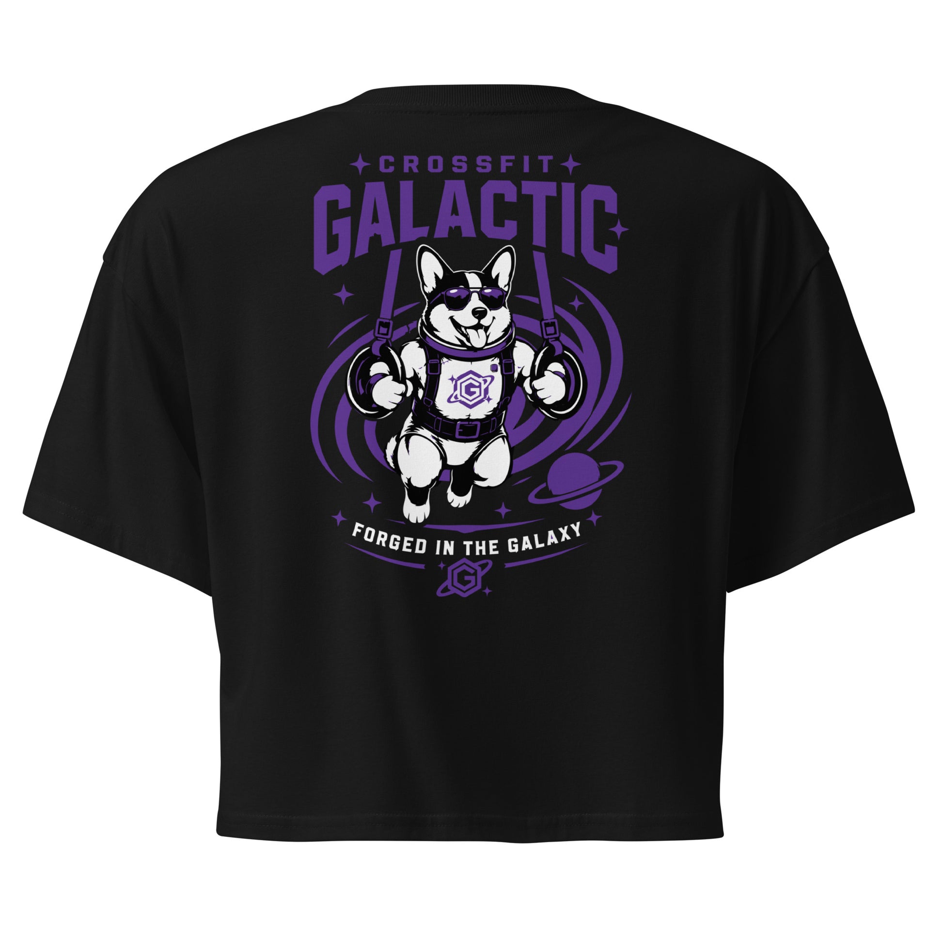 Crop top crossfit femme Doug noir, dos avec le corgi astronaute CrossFit Galactic (Tosse, Landes) — WOD.LOL