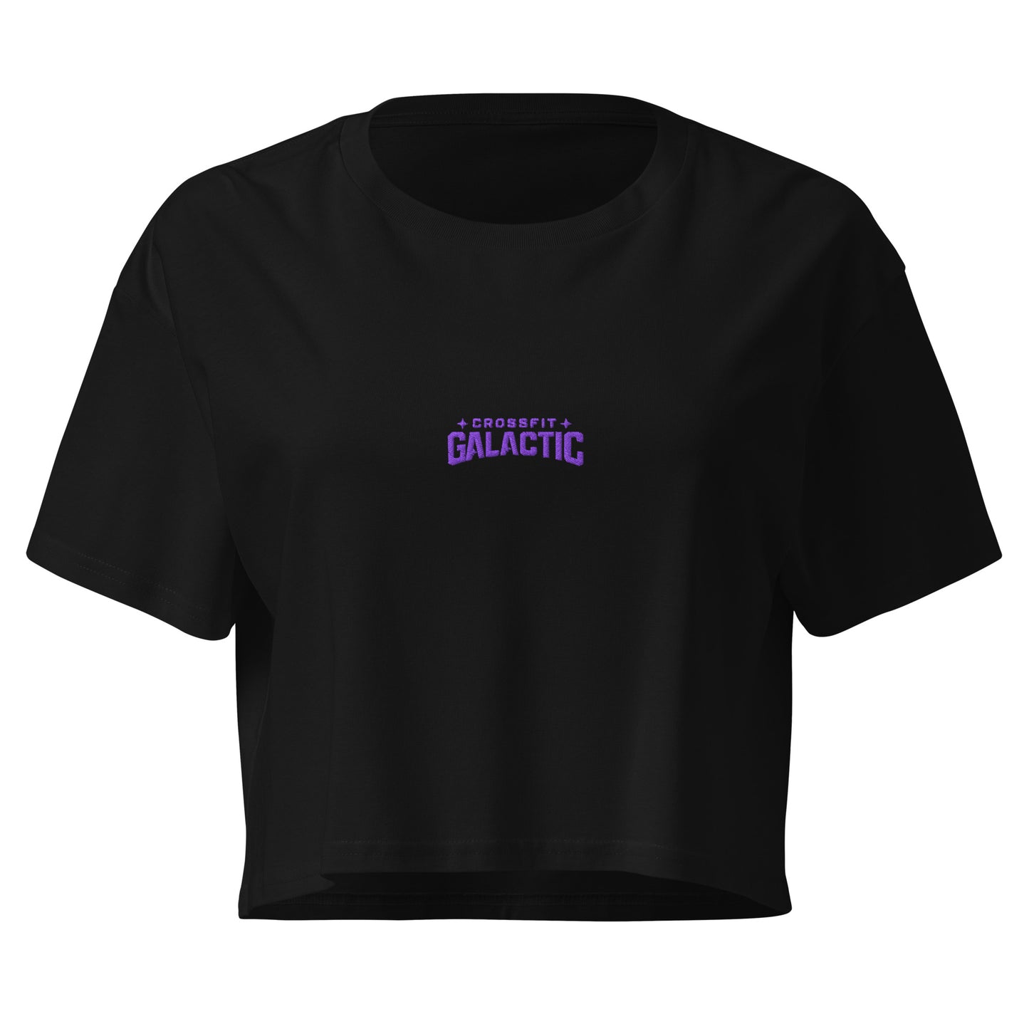 Crop top crossfit femme Doug noir, vue de face — collab CrossFit Galactic x WOD.LOL