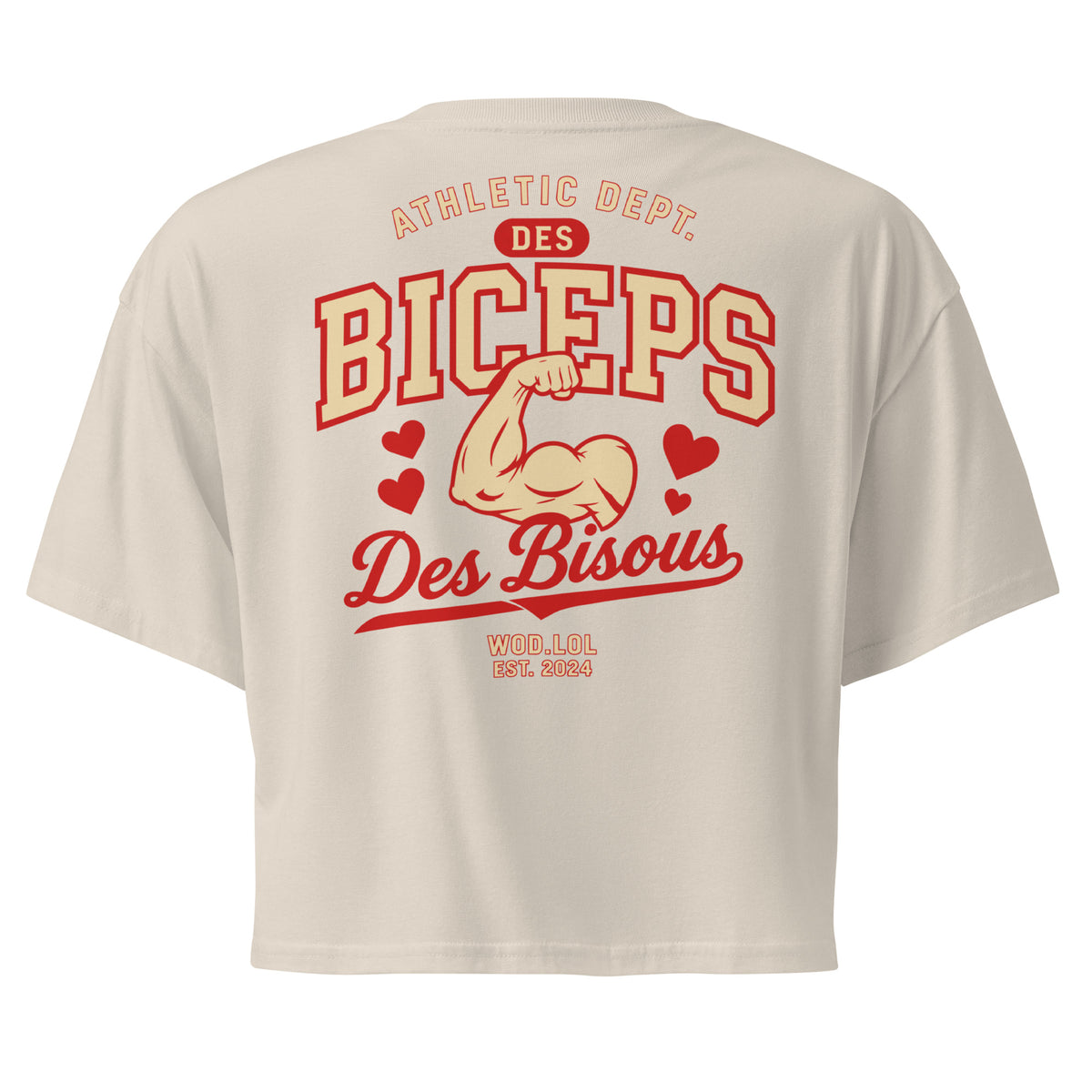 Crop top coupe classique Des Biceps Des Bisous V2 Bone (beige os) – dos, grand print Athletic Dept. biceps et cœurs – WOD.LOL