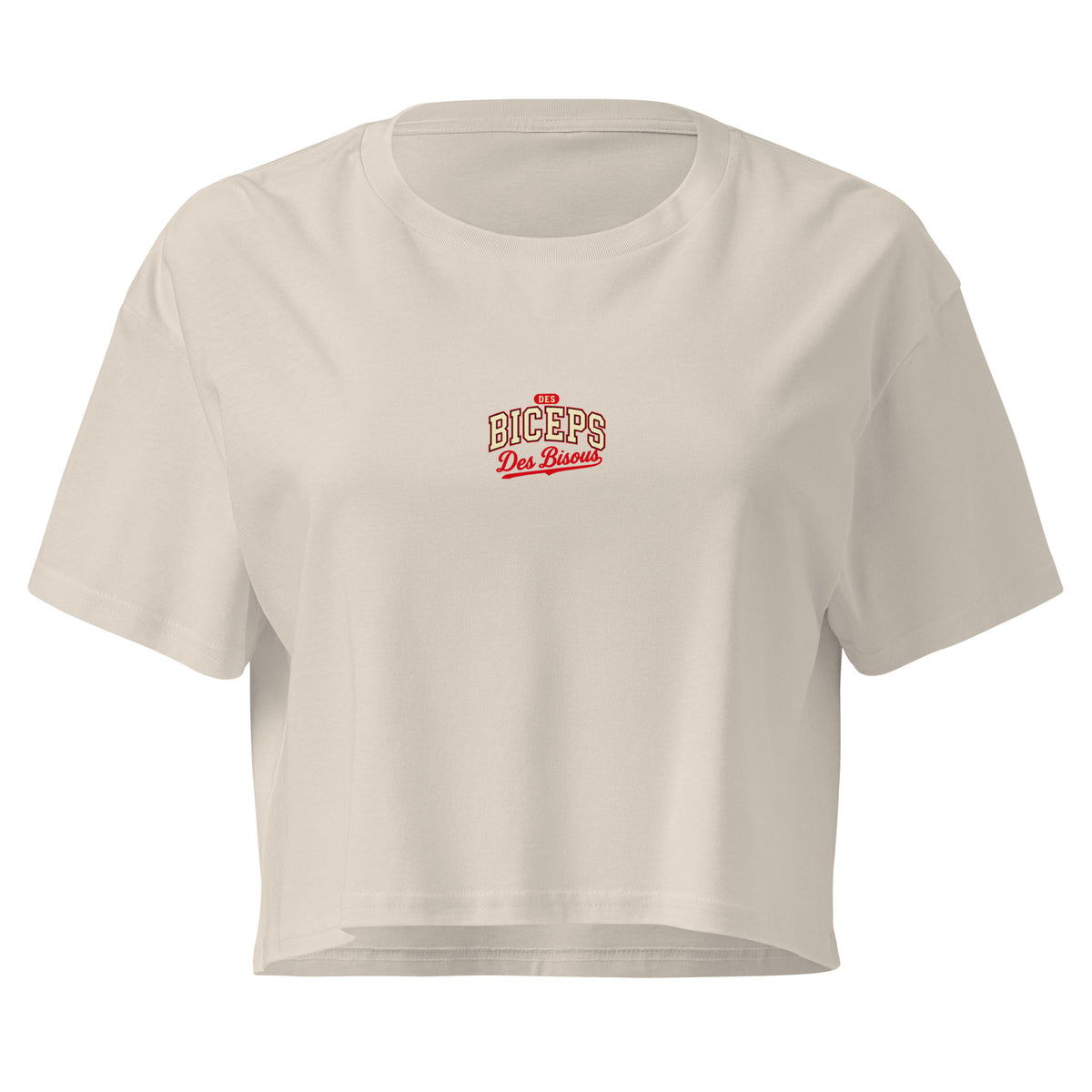 Crop top coupe classique Des Biceps Des Bisous V2 Bone (beige os) – devant, petit logo poitrine – WOD.LOL