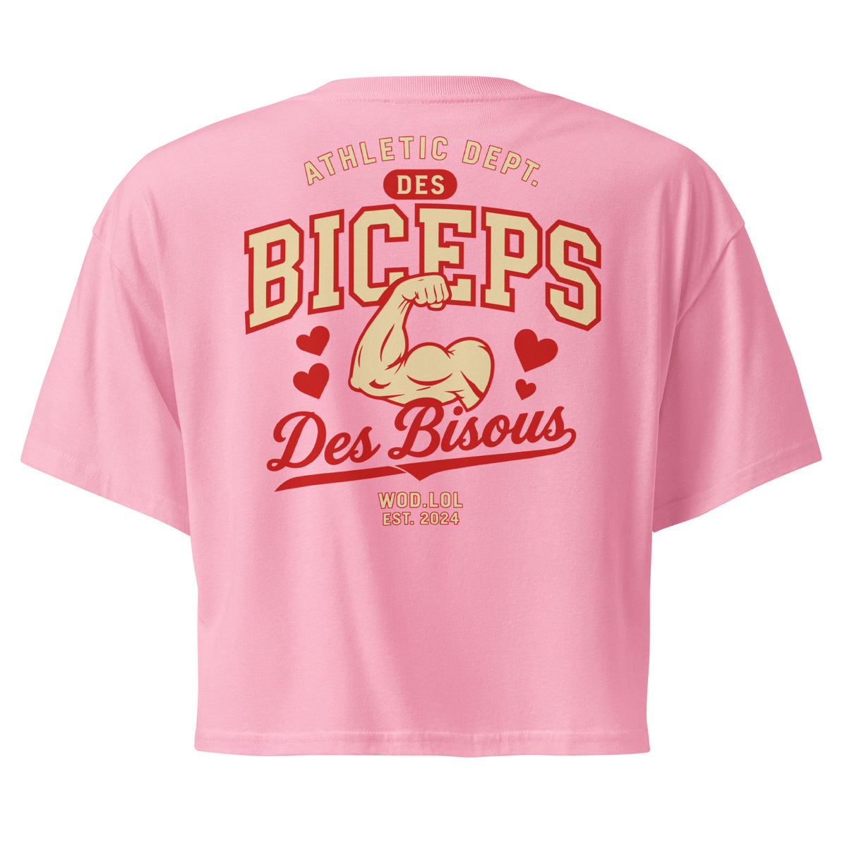 Crop top coupe classique Des Biceps Des Bisous V2 Bubblegum (rose vif) – dos, grand print Athletic Dept. biceps et cœurs – WOD.LOL