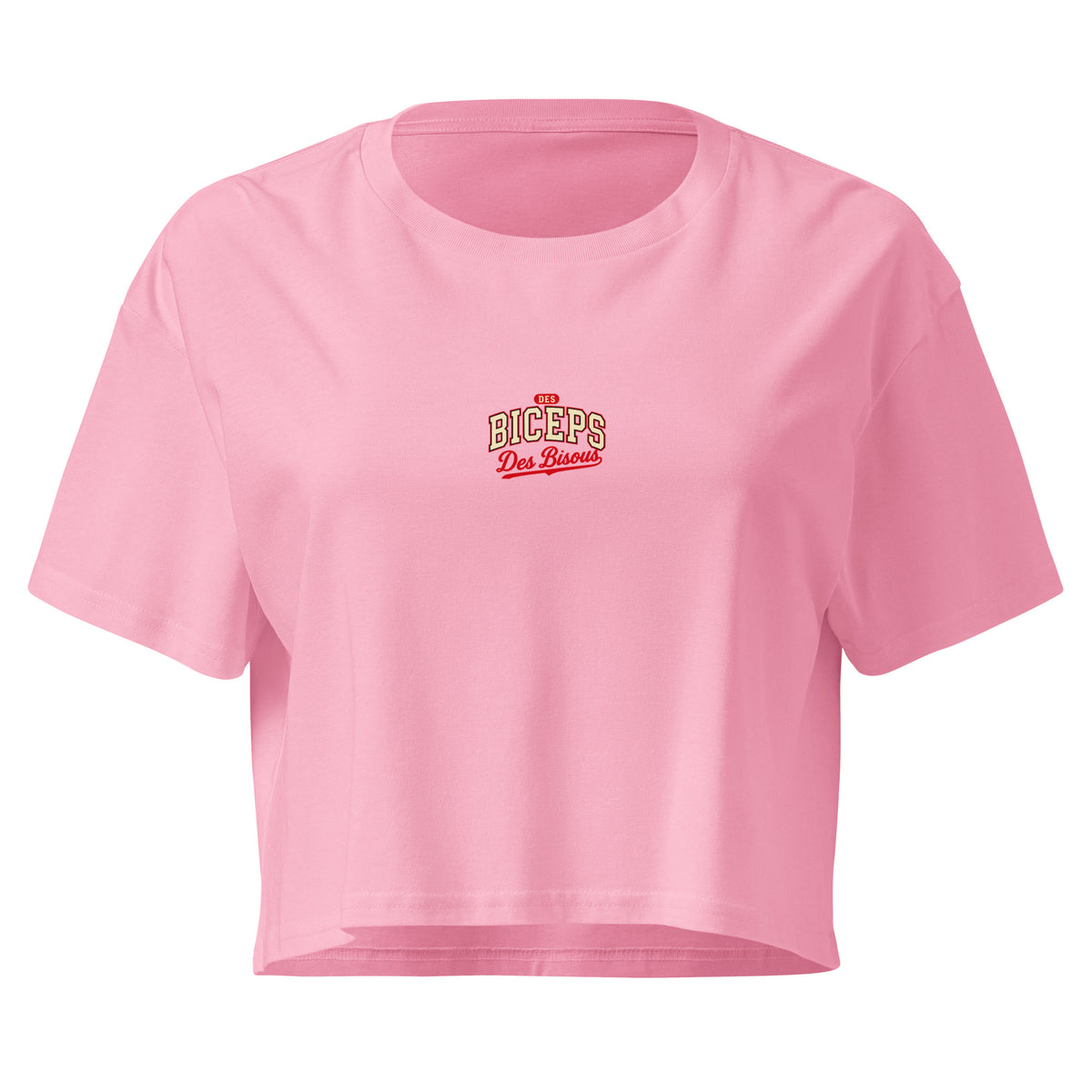 Crop top coupe classique Des Biceps Des Bisous V2 Bubblegum (rose vif) – devant, petit logo poitrine – WOD.LOL