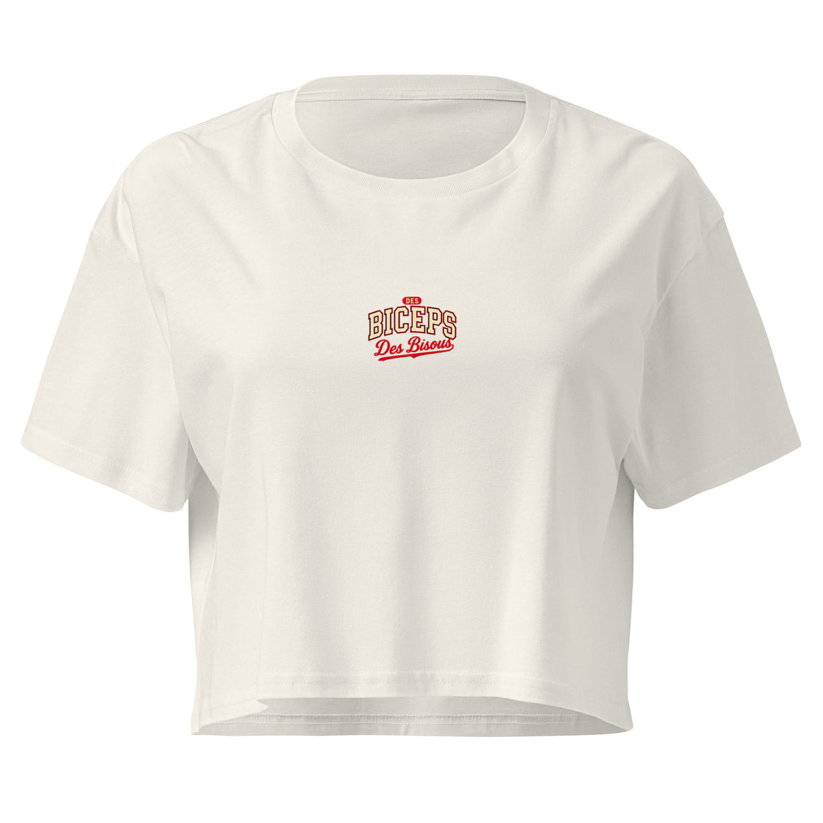 Crop top coupe classique Des Biceps Des Bisous V2 Écru – devant, petit logo poitrine – WOD.LOL