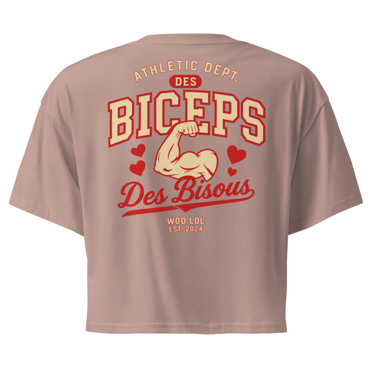 Crop top coupe classique Des Biceps Des Bisous V2 Hazy Pink (rose poudré) – dos, grand print Athletic Dept. biceps et cœurs – WOD.LOL