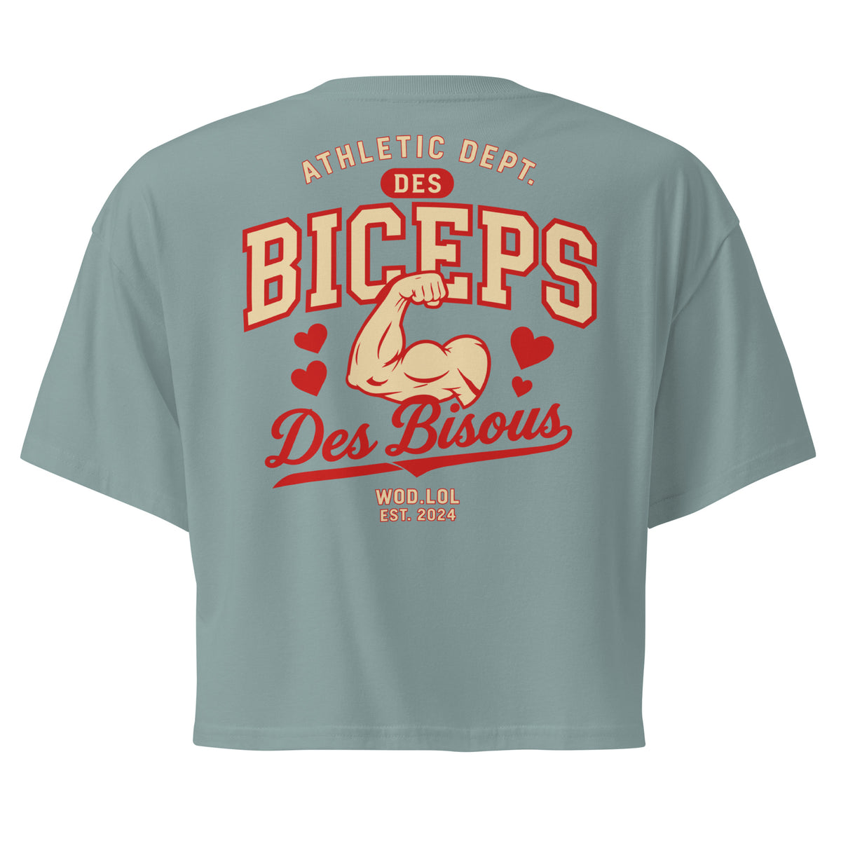 Crop top coupe classique Des Biceps Des Bisous V2 Mineral (gris-bleu minéral) – dos, grand print Athletic Dept. biceps et cœurs – WOD.LOL