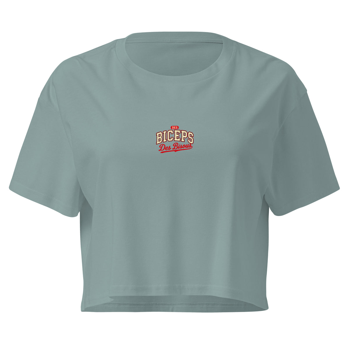 Crop top coupe classique Des Biceps Des Bisous V2 Mineral (gris-bleu minéral) – devant, petit logo poitrine – WOD.LOL