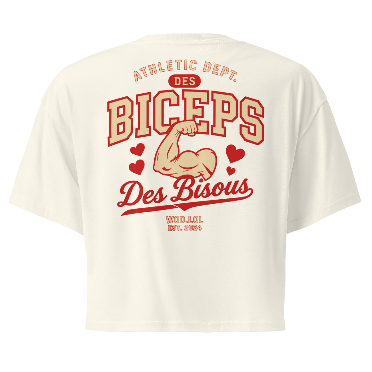 Crop top coupe classique Des Biceps Des Bisous V2 Beige clair – dos, grand print Athletic Dept. biceps et cœurs – WOD.LOL