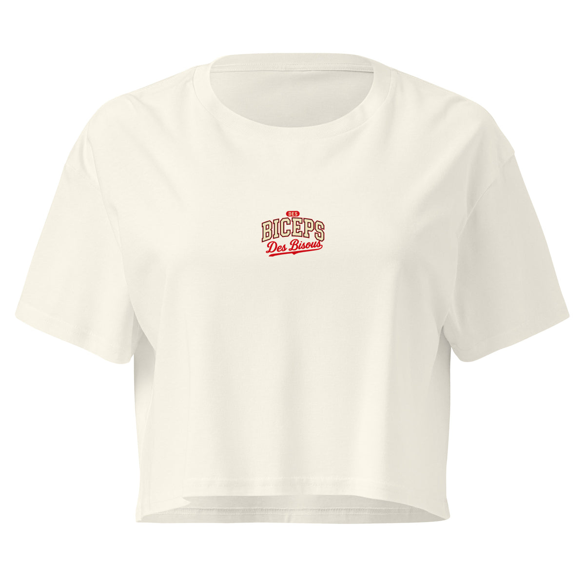 Crop top coupe classique Des Biceps Des Bisous V2 Beige clair – devant, petit logo poitrine – WOD.LOL