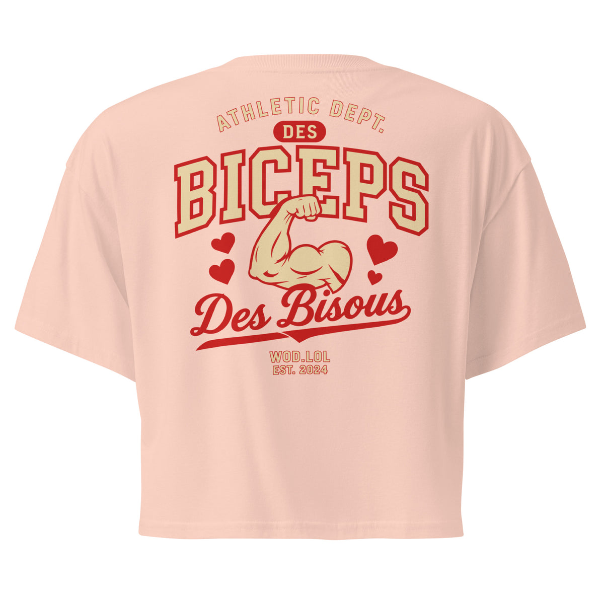 Crop top coupe classique Des Biceps Des Bisous V2 Pale Pink (rose pâle) – dos, grand print Athletic Dept. biceps et cœurs – WOD.LOL