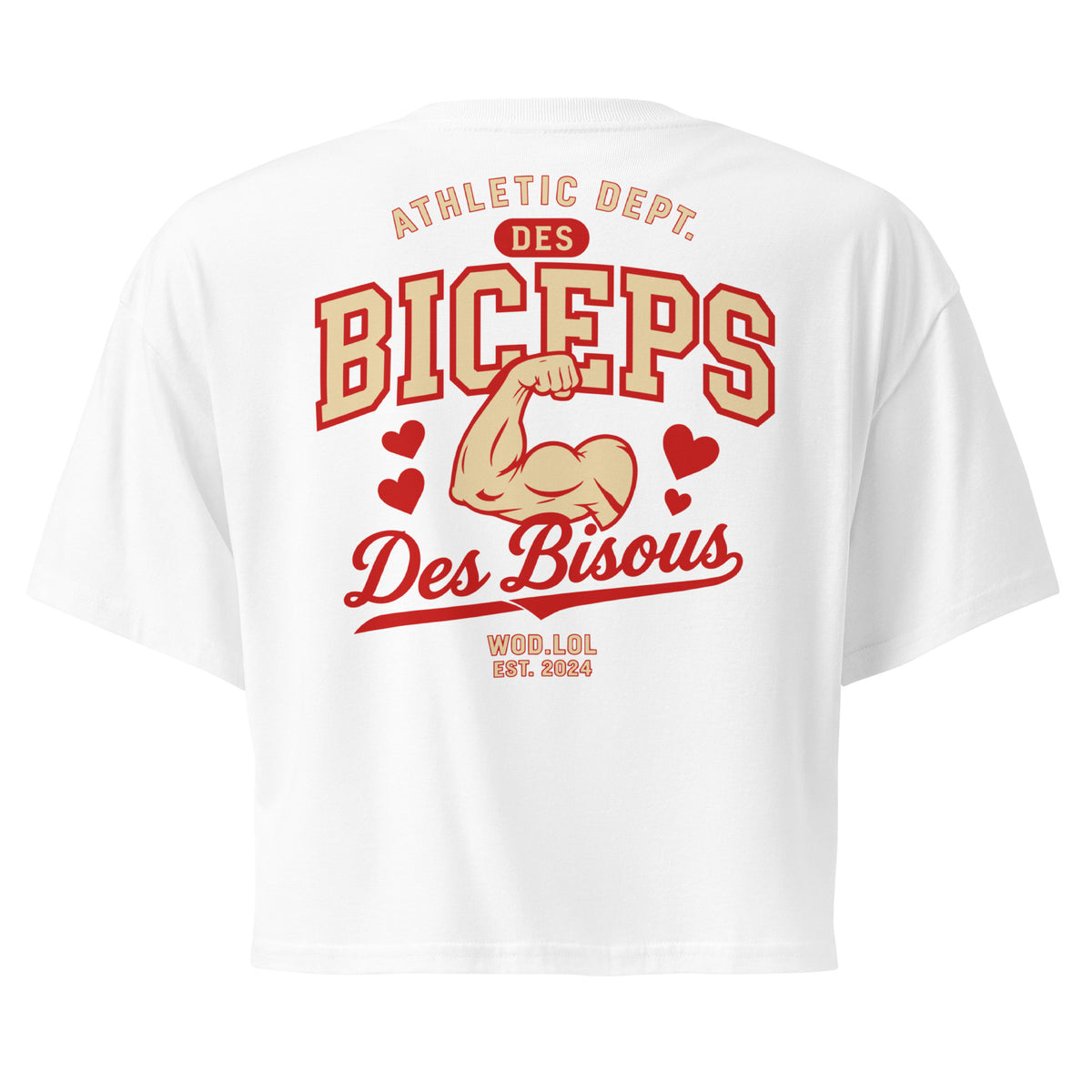 Crop top coupe classique Des Biceps Des Bisous V2 Blanc – dos, grand print Athletic Dept. biceps et cœurs – WOD.LOL