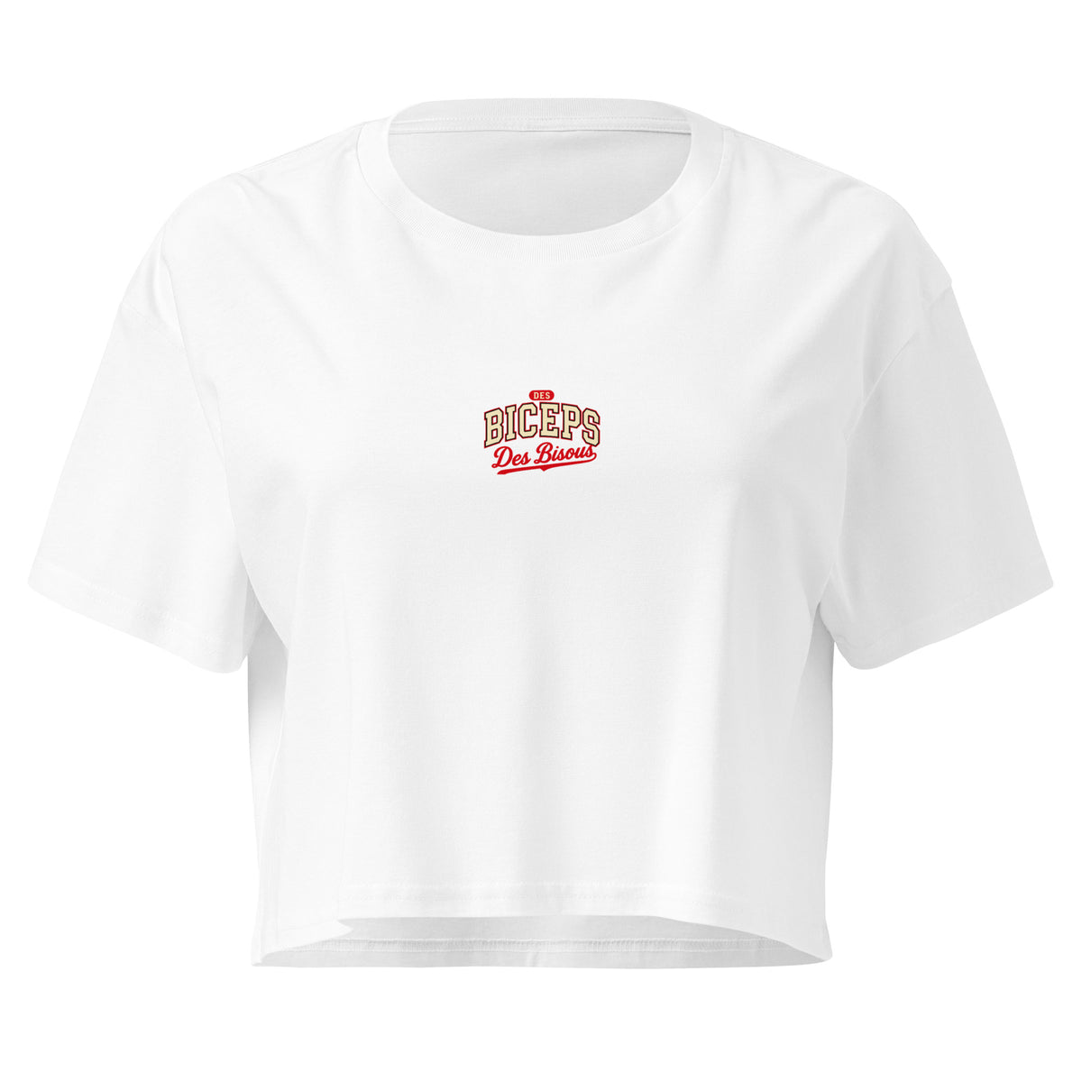 Crop top coupe classique Des Biceps Des Bisous V2 Blanc – devant, petit logo poitrine – WOD.LOL